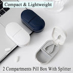 Small Size Daily Pill Organizer, Pill Cutter, Portable Pill Splitter 2-in-1 Pill Case，Travel Mini Medicine Dispenser Box, 2 Compartment Capsule Calcium Tablet Fish Oil Storage Reminder, White