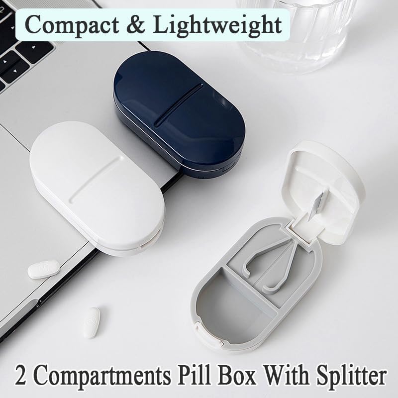 Small Size Daily Pill Organizer, Pill Cutter, Portable Pill Splitter 2-in-1 Pill Case，Travel Mini Medicine Dispenser Box, 2 Compartment Capsule Calcium Tablet Fish Oil Storage Reminder, White