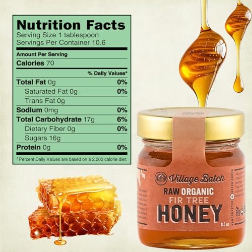 Village Batch Raw Organic Fir Tree Honey 8.5oz Jar (Pack of 1) Unfiltered and Unpasteurized Greek-Honey from Mainalo Mountain, Smooth Texture with Vanilla and Conifer Notes