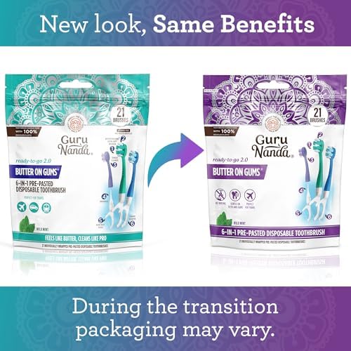 GuruNanda 6-in-1 Ready-to-Go Disposable Toothbrush, Pre-Pasted Butter on Gums Softex Bristles, Floss & Toothpick, Tongue & Cheek Cleaner, Individually Wrapped & TSA Friendly, 21 Ct