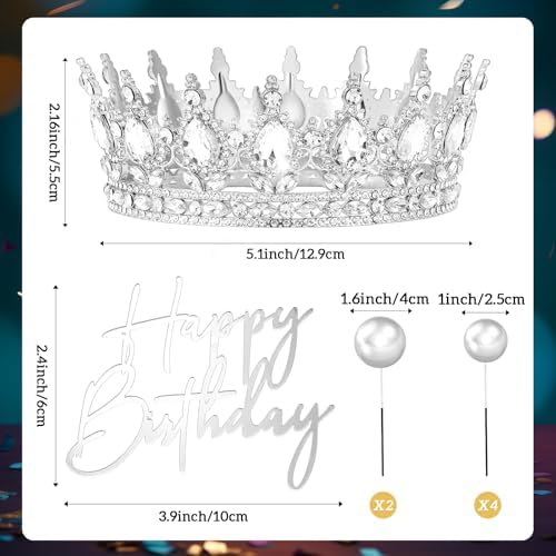8 Pcs Silver Queen Crown Cake Topper, Happy Birthday Cake Toppers Foam Balls Rhinestone Crystal Tiara Wedding Decoration for Princess Party Photo Props for Women Princess