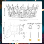 8 Pcs Silver Queen Crown Cake Topper, Happy Birthday Cake Toppers Foam Balls Rhinestone Crystal Tiara Wedding Decoration for Princess Party Photo Props for Women Princess