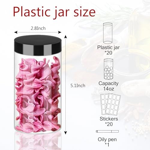 Hajoyful Plastic Jars with Lids 20Pcs 14 oz Clear Plastic Slime Storage Jars Containers with Airtight Leak Proof Black Plastic Screw On Lids Cylinder Clear Round Jar Food Grade Durable PET Jar