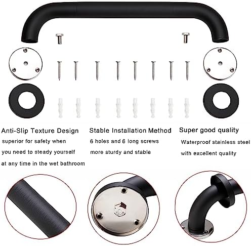 Shower Grab Bar, 2 Pack 16 Inch Black Bathroom Grab Bar, 1.25" Diameter 304 Stainless Steel Anti-Slip Grab Bars for Bathtubs and Showers, Handicap Shower Grab Bar for Seniors Elderly