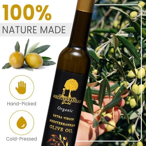 Mediterranean Gold Organic Olive Oil Extra Virgin - First 100% Nature-Made Cold Pressed, Unfiltered & Hand-Harvested, Ensure High Polyphenol With Antioxidant Count - For Foods Salads & Meats