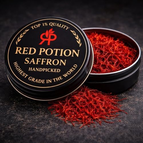 Red Potion Saffron, Kashmiri Premium Saffron Threads, Grade AAA+ Super Negin, Non-GMO. For Tea, Paella, Rice, Desserts, Golden Milk, and Risotto (2 Grams)