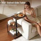 360° Swivel Side Table with Storage, Height Adjustable, Smooth-Rolling Wheels, C-Shaped End Table for Couch/Sofa, Recliner, Living Room, Walnut-Look