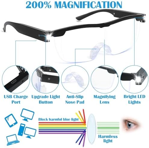 Magnifying Glasses with Light, 200% Magnification, USB Rechargeable LED Lighted Magnifying Glass, Anti Blue Light, Hands Free Head Magnifier Eyeglasses for Close Work, Hobbies, Reading, Craft（Black）