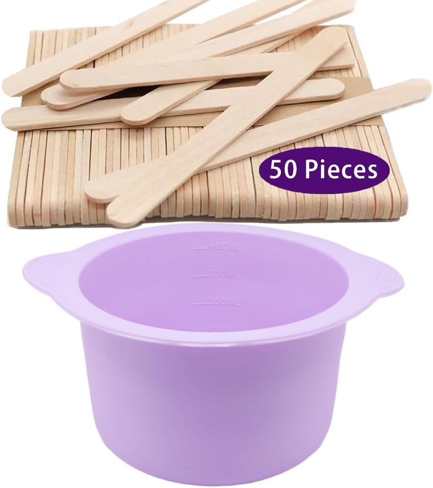 Silicone Wax pot Liner, Silicone Wax Bowl Warmer liner, Non-Stick Melt Pot Replacement, Reusable Melt Liner with 50 Pcs Waxing Sticks Body Hair Removal 14 oz Purple