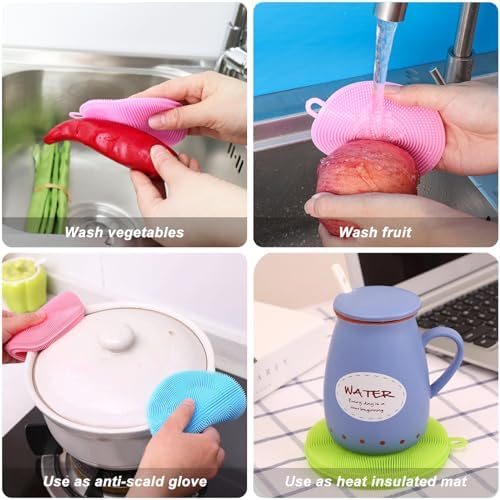 Silicone Dish Scrubber, 12 Pack Silicone Sponge Dish Brush Food Grade BPA Free Reusable Rubber Sponges Dishwasher Safe and Dry Fast for Kitchen Dish Dishes Fruits Vegetables Washing and Cleaning
