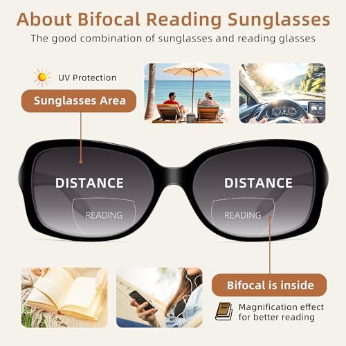 JM Classic Bifocal Reading Glasses Square Stylish Gradient Sunglasses Readers for Women +2.75 Black