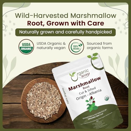 Organic Way Marshmallow Root | Herbal Tea (Althaea officinalis) Cut & Sifted - European Wild-Harvest | Organic & Kosher Certified | Non GMO & USDA Certified | Origin - Albania (1/4LBS / 4Oz)