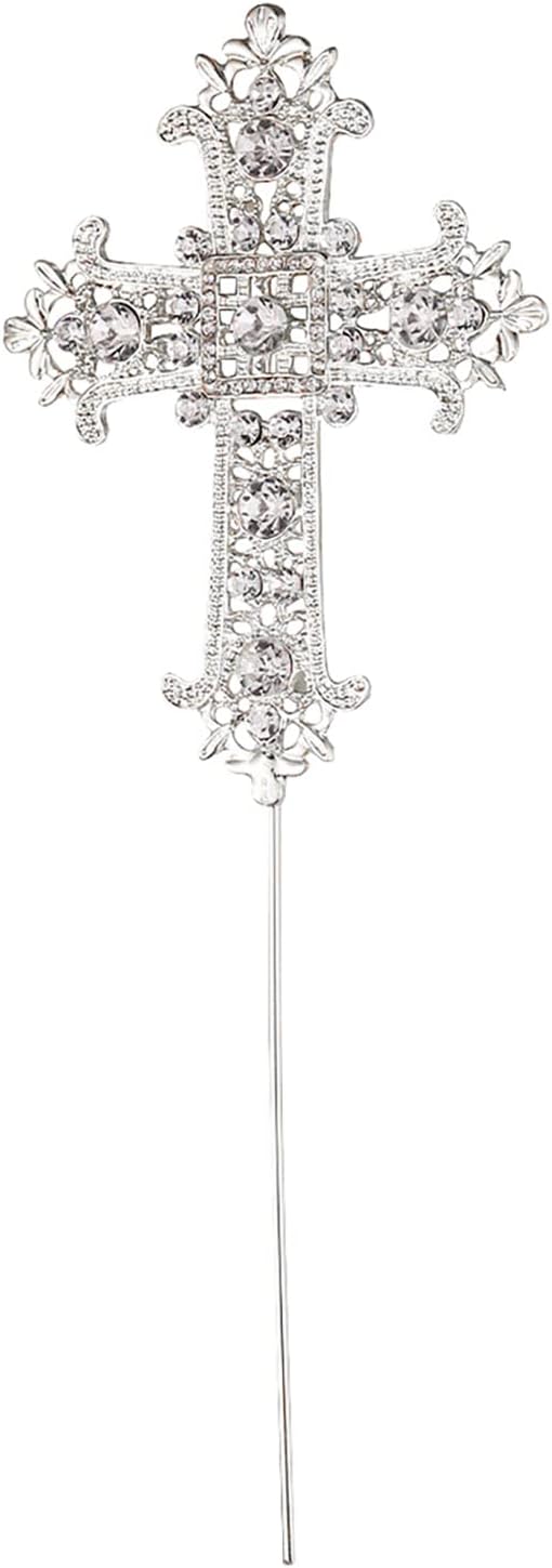 Cross Cake Topper Crystal Rhinestones Cross Cake Decoration for Baptisms Wedding Christenings Religious Party Decorations (Silver)