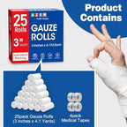 AZEN 25 Pack Gauze Rolls Bandages, 3 in x 4.1 Yards, Premium Medical Supplies & First Aid Supplies, Bandage Wrap Vet Wrap, Mummy Wraps