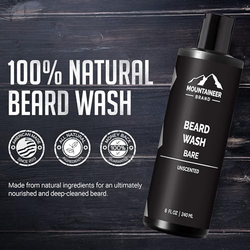 Mountaineer Brand Beard Wash For Men | 100% Natural Beard Shampoo | Thick Cleaning Softening Lather for Hair and Skin | Hydrate and Detangle | Grooming Treatment | Bare Unscented 8oz