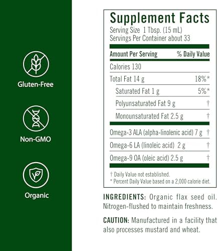 Flora Certified Organic Flax Seed Oil - Cold Pressed & Unrefined - Non-GMO, Gluten-Free, Kosher Omega Flax Oil Blend - Essential Fatty Acids for Wellness - Amber Glass Bottle - 17 oz