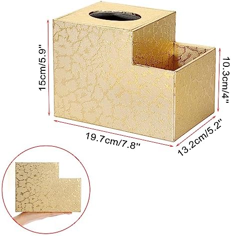 Sumnacon Square Leather Tissue Box Cover - PU Cube Tissue Box Holder with Side Organizer, Decorative Tissue Box for Living Room Vanity Night Stand Desk Countertop Office, Gold