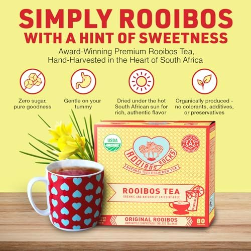 Caffeine Free Organic Rooibos Tea Bags 80 - Naturally Sweet Herbal Tea Safe for Kids & Pregnant Women – Low Tannin Premium South African Tea Red Tea - Sustainably & Ethically Farmed Red Rooibos Tea