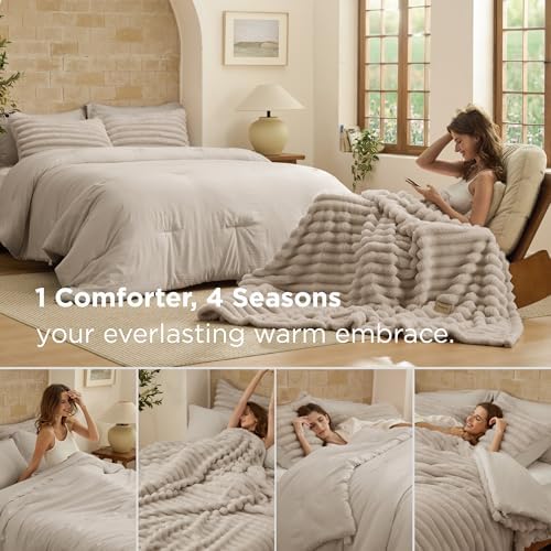 Bedsure Gentlesoft™ 2-in-1 Queen Comforter Set and Detachable Fluffy Blanket, Beige Bedding Set for All Season Use, Detachable Design for Space Saving (Includes 2 Pillow Shams, 2 Pillowcases)