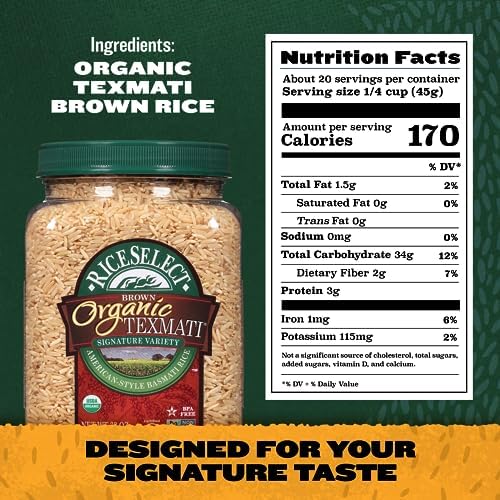 RiceSelect Organic Texmati Brown Basmati Rice, Premium Non-GMO Gluten-Free Long-Grain Brown Rice, 32-Ounce Jar