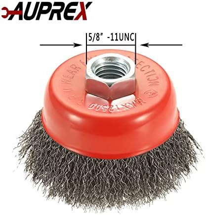 AUPREX 5 Pack 3 Inch Coarse Crimped Wire Cup Brush for Angle Grinder with 5/8 Inch-11 Threaded Arbor - 0.014 Inch Carbon Steel Wire -Light Duty Conditioning for Metals