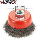 AUPREX 5 Pack 3 Inch Coarse Crimped Wire Cup Brush for Angle Grinder with 5/8 Inch-11 Threaded Arbor - 0.014 Inch Carbon Steel Wire -Light Duty Conditioning for Metals