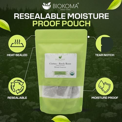 Biokoma Organic Cistus Rock Rose Tea Bags 60 Count Cistus Incanus Dried Leaves USDA Organic Herbal Tea Immune Respiratory Support Resealable Pouch Caffeine-Free Pure No Preservatives Non GMO Kosher
