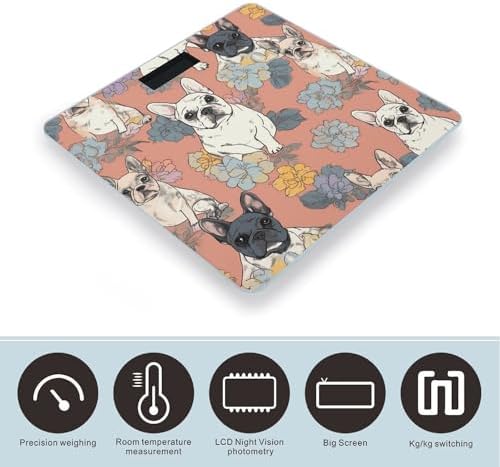 French Bulldog Print Scale for Body Weight Highly Accurate Digital Bathroom Body Scale Bright LCD Display & Large Clear Numbers Tempered Glass Safe Rounded Corners for Home Use
