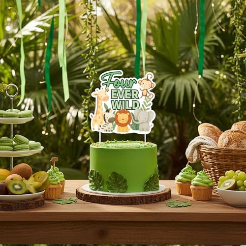 Four Ever Wild 4th Birthday Cake Topper,Double-Sided Jungle Safari Animals Happy Birthday Party Decoration for Boys Girls Wild Four Ever Wild Bir thday Supplies