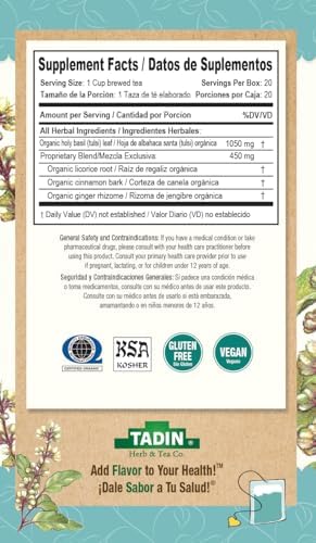 Tadin Organic Respiratory Tea, Caffeine Free Herbal Tea for Respiratory Support, 20 Tea Bags Per Box, Pack of 1