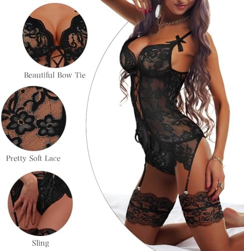 Lace Lingerie for Women Sexy Teddy Strappy Babydoll Lingerie Sets with Bras, Panty and Garter Belt