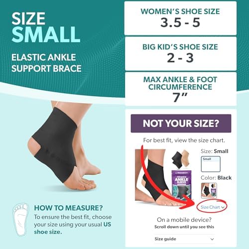 BraceAbility Elastic Ankle Support Brace - Youth Slip on Foot and Ankle Compression Sleeve for Gymnastics, Dance, Kids, Sports, Running, and Sprained Ankle Swelling for Boys and Girls (S - Black)