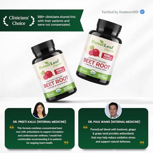 ForestLeaf USDA Organic Beet Root Capsules - Beetroot Supplement 1000mg 20:1 Extract w/Ginger Grape Seed - Support Blood Pressure, Nitric Oxide, Flow, Circulation - Made in USA - 120 Caps