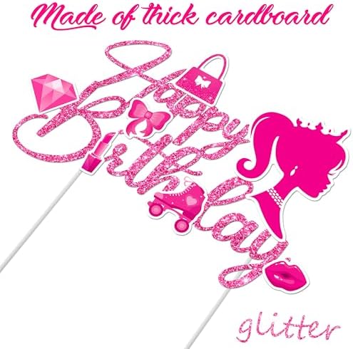 C L cooper life Hot Pink Girl Happy Birthday Cake Topper Glitter Hot Pink Girl Princess Cake Decorations for Baby Shower, Wedding, Birthday Party Supplies