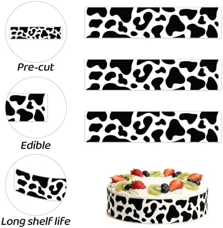 3pcs Cow Print Edible Cake Borders, 11.02x2.44in Cute Edible Wrap Strips Pre-Cut Glutinous Rice Paper Birthday Cake Decorations Cow Theme Birthday Party Decor Supplies