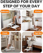 Step Stool with Handle for Elderly, 2 Steps Stool with Wheel, Non Slip Platform and Height Adjustable Handrail Support for Adults, Seniors, Bedside Steps for High Beds, Bathtub, RV (White)