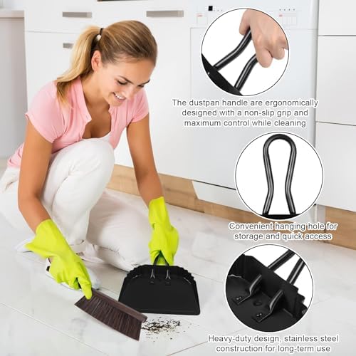 Dust Pan and Brush Set-Handheld Angled DustPan and Hand Broom Set, Large dust pan with handle,Heavy Duty Metal Dustpan and Brush Set Home For Small Item Sweeping Rubber Coated Easy to Grasp Handle