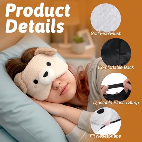 2 PCS Cute Plush Animal Sleeping Masks Soft Puppy Eye Cover Adjustable Funny Cartoon Eyeshade Blindfold with Elastic Strap Lovely Dog Blackout Mask for Travel Nap Night Sleep Party Girl Boy