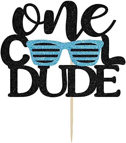 One Cool Dude Cake Topper - Baby Boy 1st Birthday Cake Decoration - Birthday Dude Photo Props(Black and Blue)