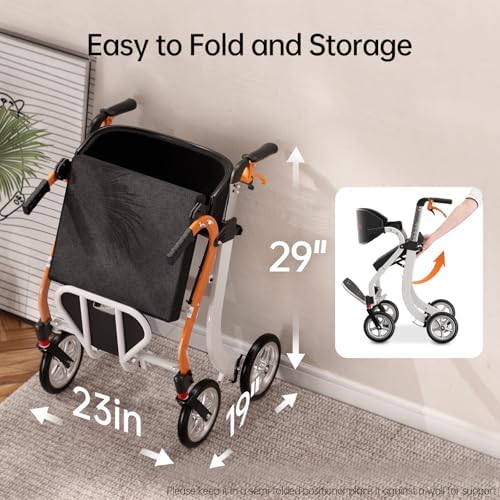 2 in 1 Walker Wheelchair Combo, Foldable Rollator Walkers for Seniors with Seat, Lightweight Rolling Walker with Height Adjustable, Easy Storage & Travel Walker Chair, No Installation, Orange