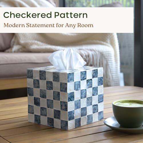 CHI AN HOME 5.7" Square Tissue Box Cover, Handmade Checkered Cube Tissue Box Cover with Capiz Shells, Decorative Mother of Pearl Tissue Holder for Living Room, Bathroom, Bedroom or Office (Navy Blue)