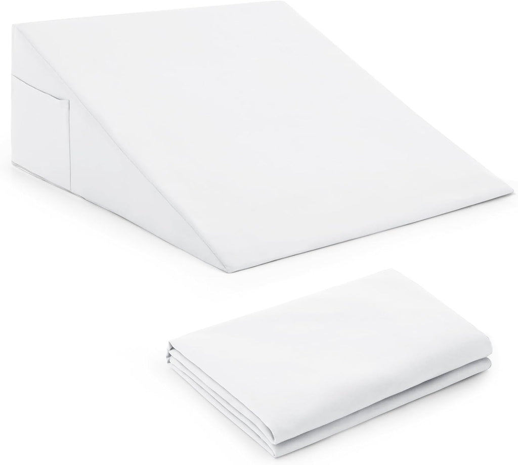 Horbaunal White Bed Wedge Pillow Cover with Zipper Design, Wedge Pillowcase Protector with Side Pocket for Storage, 26" L x 25" W x 7.5" H(Pillow Not Include)