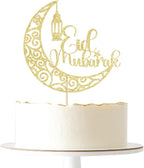 Gold Glitter Eid Mubarak Cake Topper，Ramadan Kareem/Muslim Eid al-Fitr Party Decorations Supplies(Mubarak)