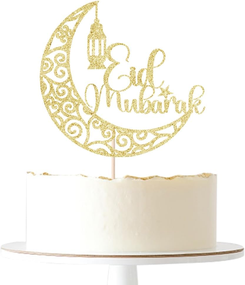Gold Glitter Eid Mubarak Cake Topper，Ramadan Kareem/Muslim Eid al-Fitr Party Decorations Supplies(Mubarak)