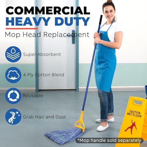 Onesimus 20 oz Mop Head Replacement, Industrial Mops for Floor Cleaning Heavy Duty 4-Ply Cotton Blend Looped End Wet Mop Refills 1.25 in Universal Headband Fit Most Handles, 3 Pack Large Blue