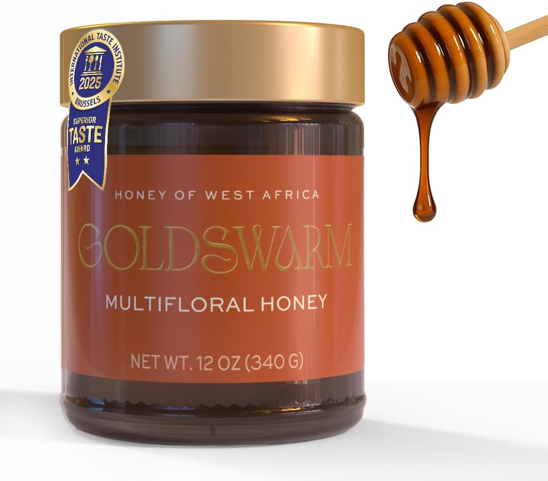 Goldswarm Premium Raw Honey – Pure & 100% Natural Multifloral Honey from West Africa, Award-Winning Taste 2025, Non-GMO, Traceable from Hive to Hand (12 oz Jar)