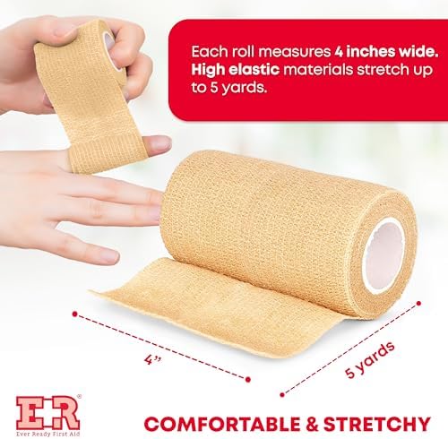 Ever Ready First Aid Self Adherent Cohesive Wrap Bandages, 4 inches x 5 Yards for First Aid, Sprains, Swelling, Sports, Pets, Tan – 18 Count