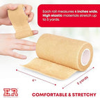Ever Ready First Aid Self Adherent Cohesive Wrap Bandages, 4 inches x 5 Yards for First Aid, Sprains, Swelling, Sports, Pets, Tan – 18 Count