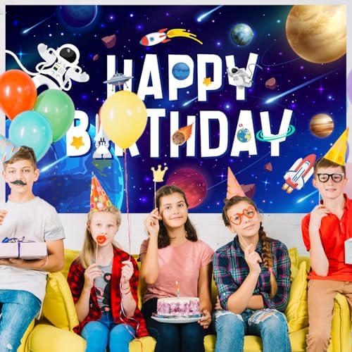 Space Backdrop, 71'' x 43'' Outer Space Birthday Backdrop, Outer Space Happy Birthday Backdrop & Space Themed Party Backdrop, for Outer Space Party Decorations & Outer Space Birthday Decorations