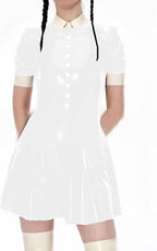 Female Turndown Collar Leather Dress Casual Short Sleeve Mini Dress Buttons PVC Dress,White,M